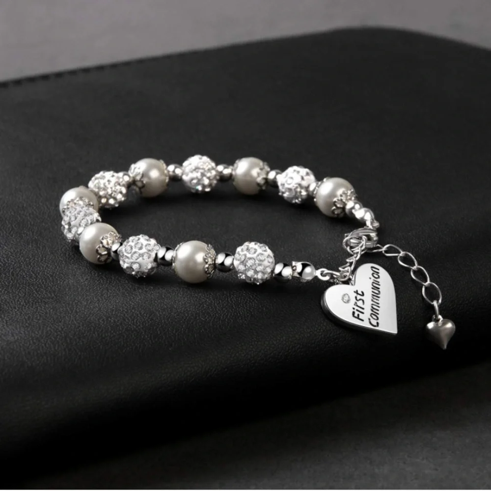 First Communion White Bead Charm Bracelet Handmade Jewelry